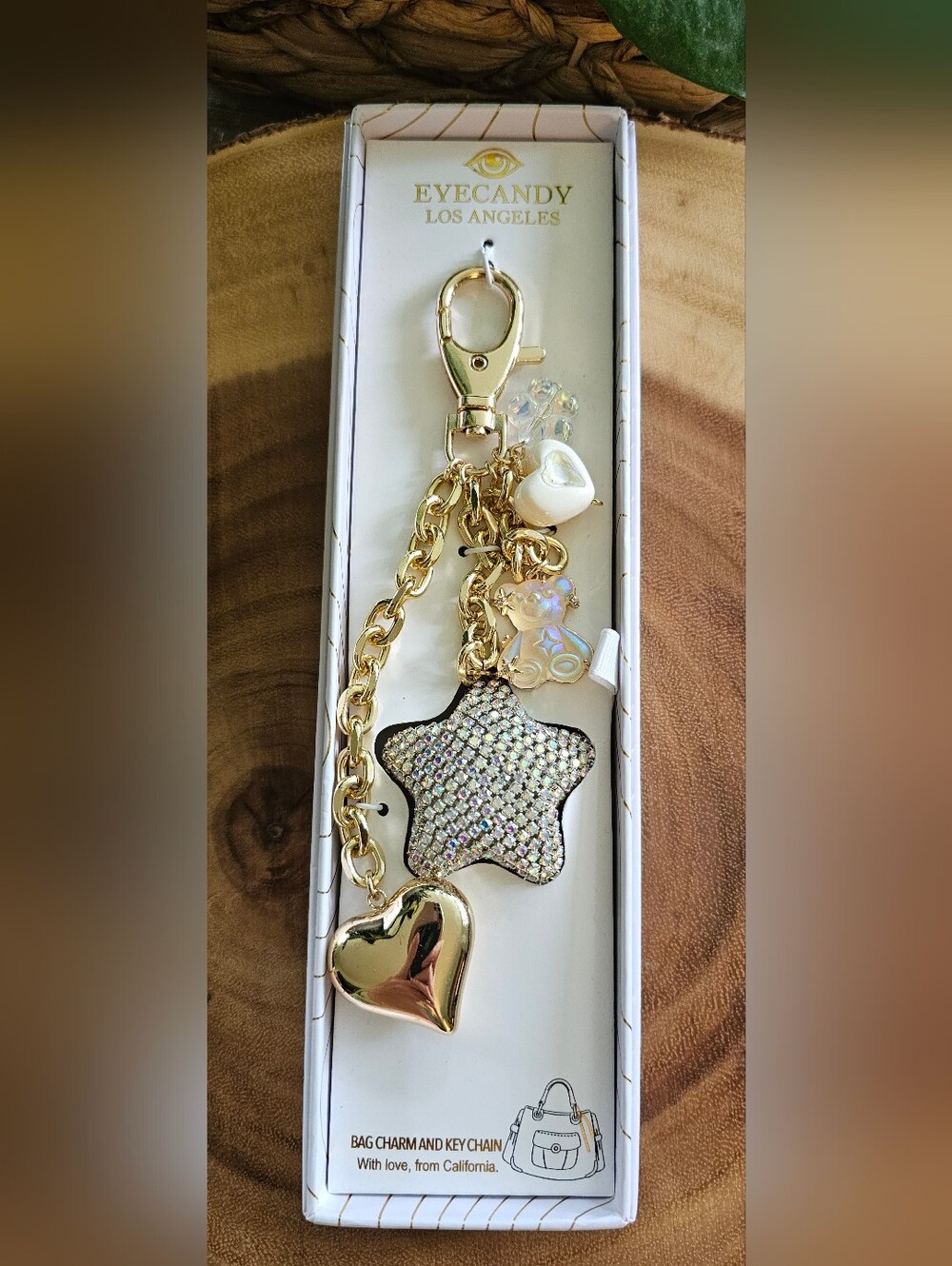BNIB Eye Candy LA Iridescent Hearts Star Teddy Bear Flowers Bag Charm